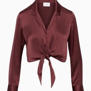 Wilfred Wine Satin Tie-Front Button-Down Blouse